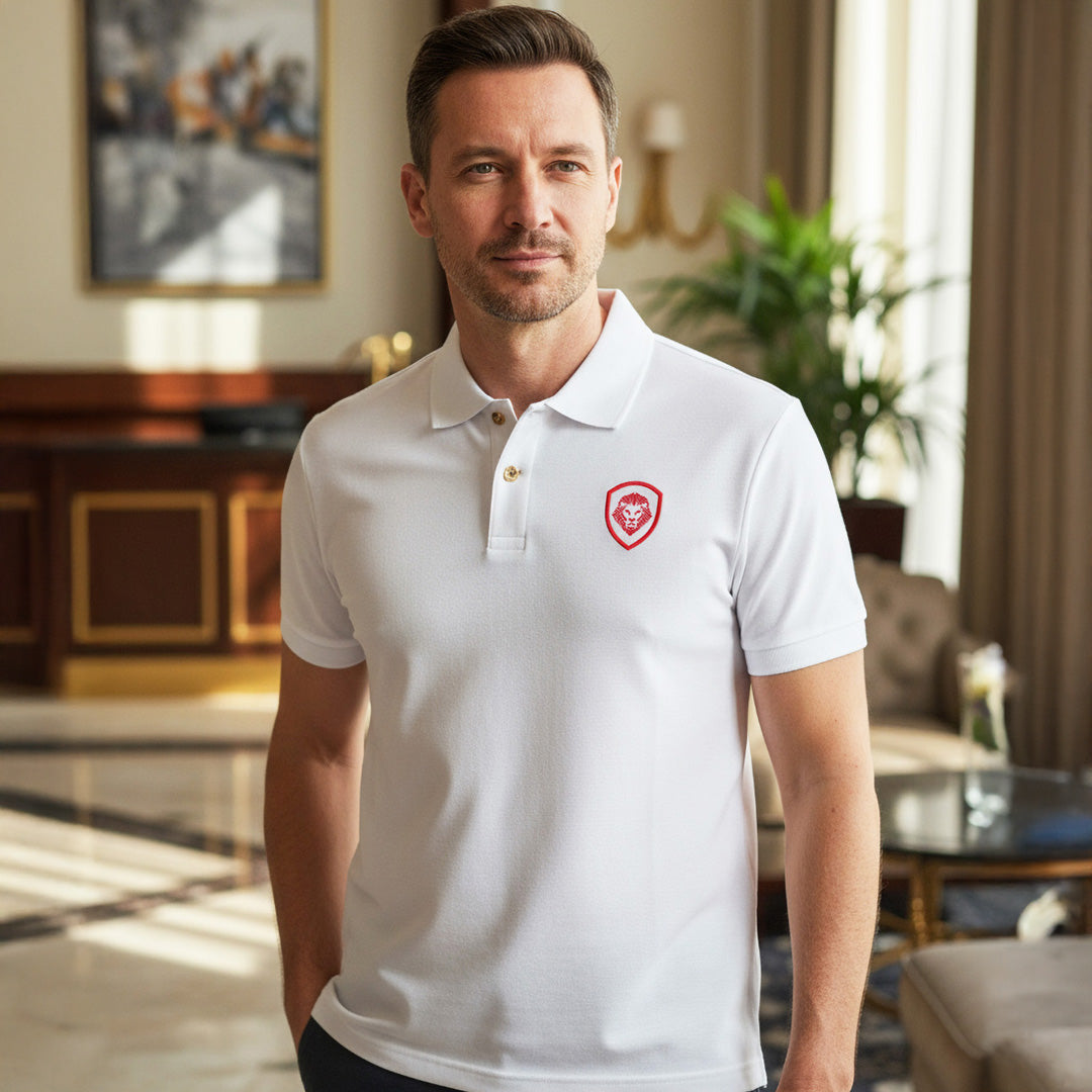 Future Looks Bright Lion Shield Premium White and Gold Polo Shirt (Classic Fit)