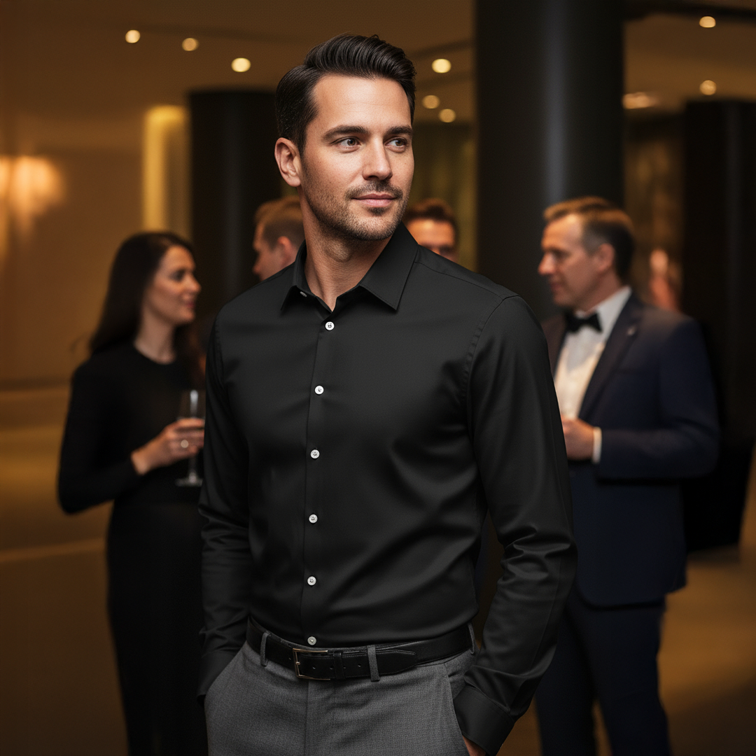 Valuetainment Men's Black Tencel Long Sleeve Button Down Shirt (Classic Fit)