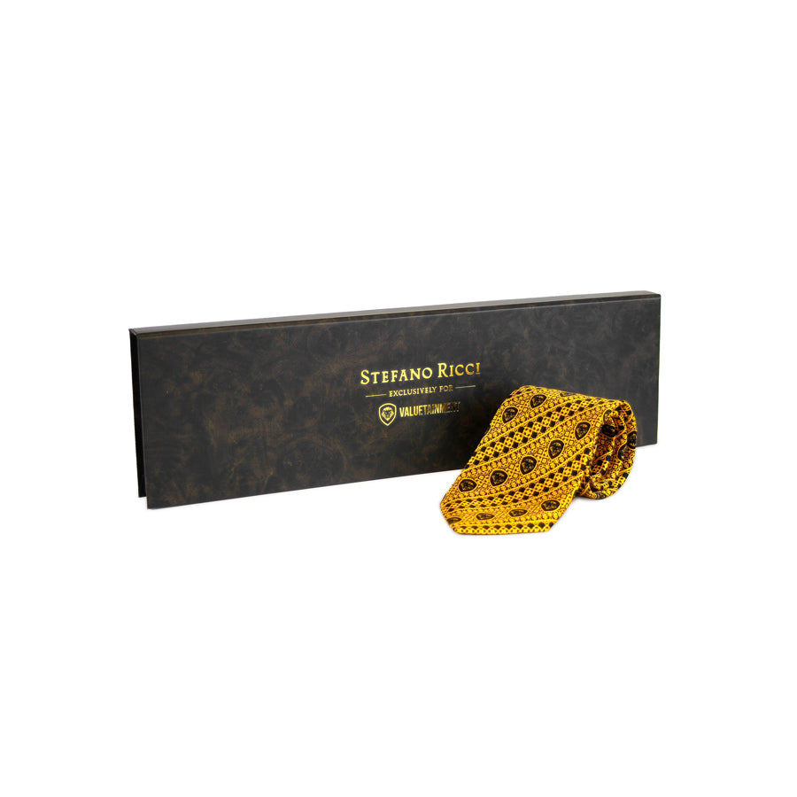 Valuetainment x Stefano Ricci Yellow & Black Diagonal Lion Shield Pattern Luxury TIe
