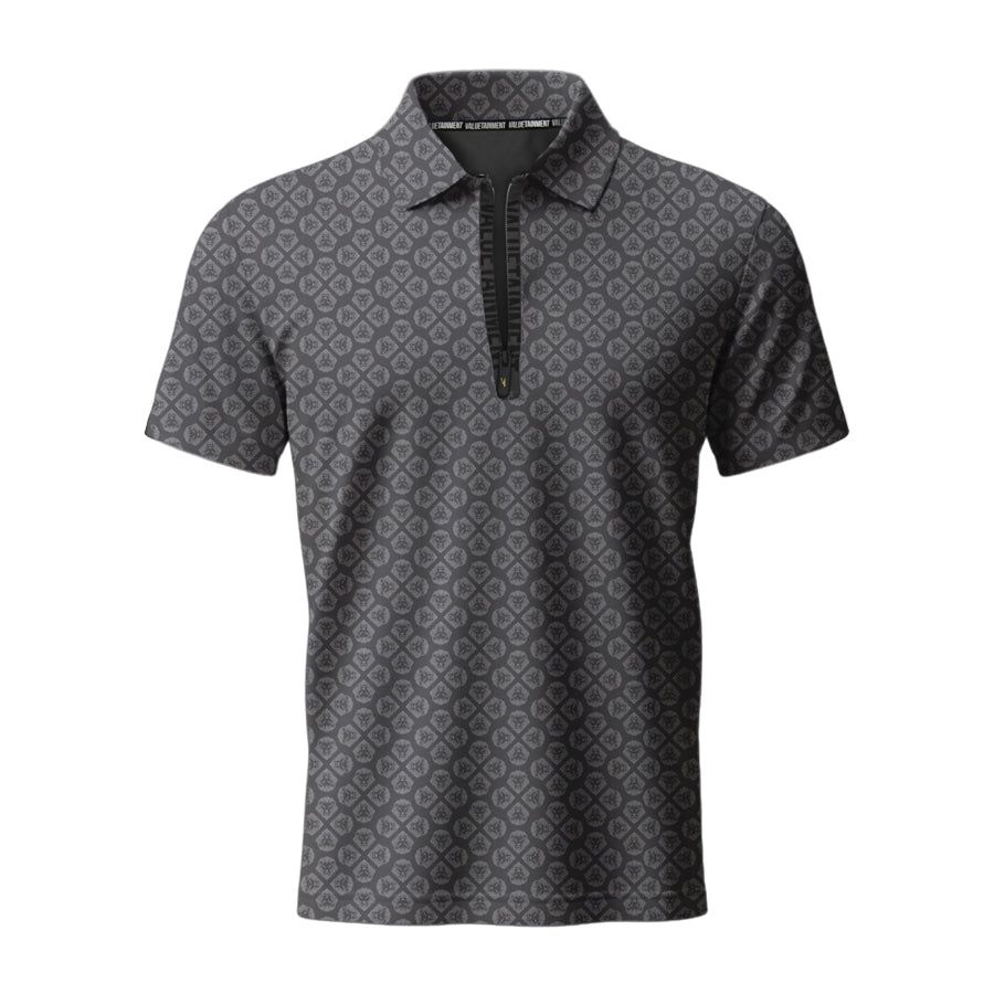 Valuetainment Lion Shield Performance Black and Grey Zipper Polo Shirt (Classic Fit)