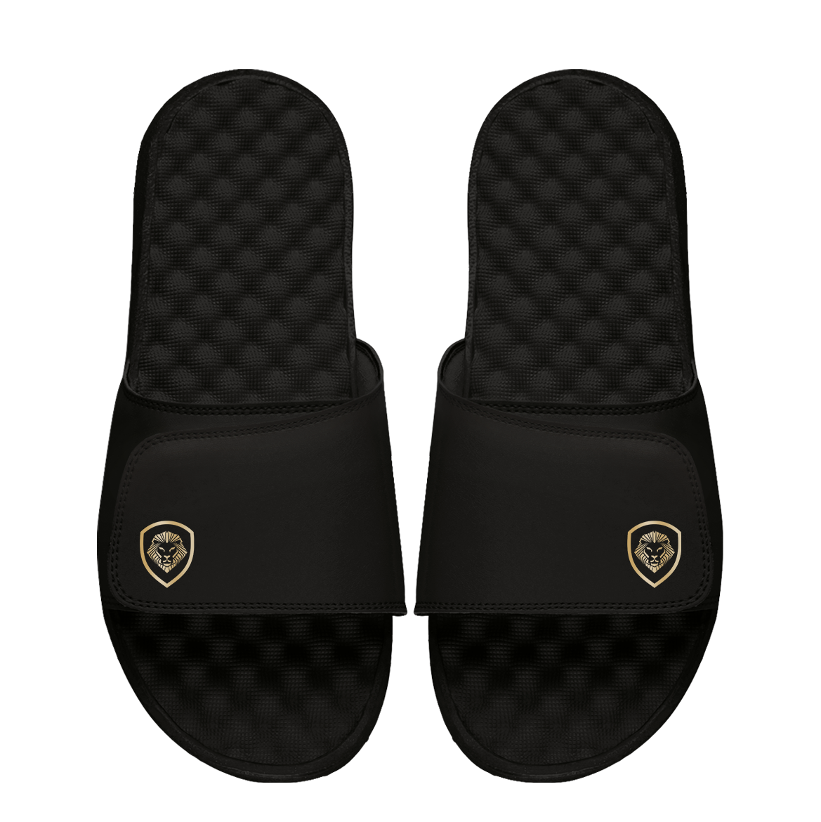 Future Looks Bright Sleek Lion Shield Black and Gold Comfort Slides