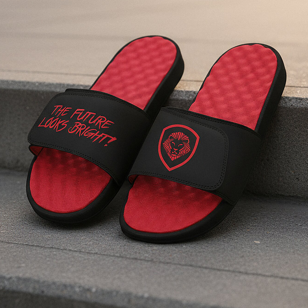 Future Looks Bright Lion Shield Black and Red Comfort Slides