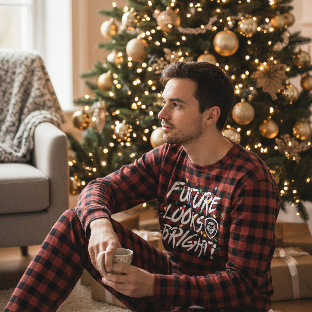 Future Looks Bright Christmas Lights Red and Black Plaid Pajama Set - Unisex