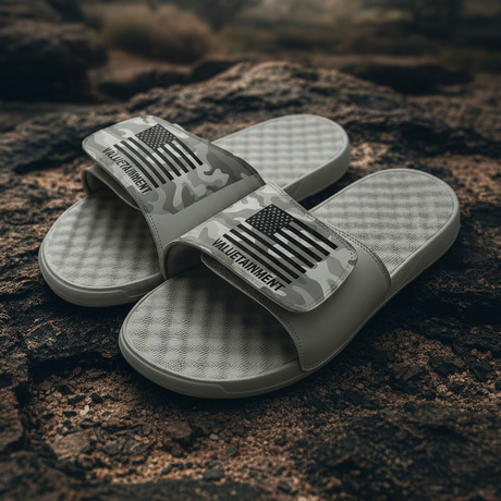 Valuetainment Patriotic USA Flag Gray Camo Comfort Slides