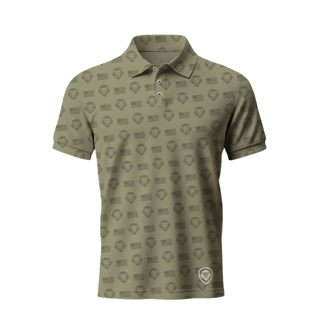 Future Looks Bright Allover Flag Lion Shield Print Army Green Polo