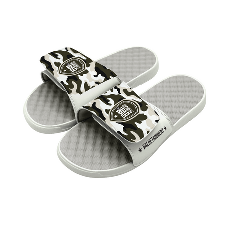 Valuetainment Business Is War White Camo Comfort Slides