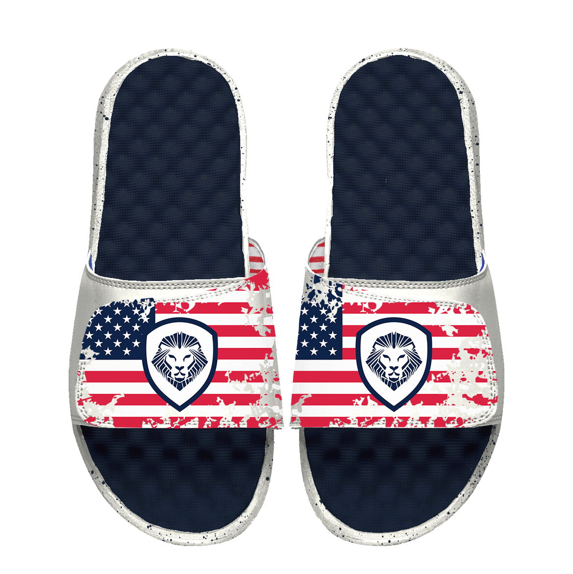 Team USA Lion Shield White and Navy Distressed Comfort Slides
