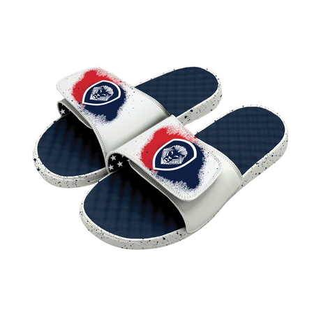 Future Looks Bright White and Navy Splash Print Comfort Slides