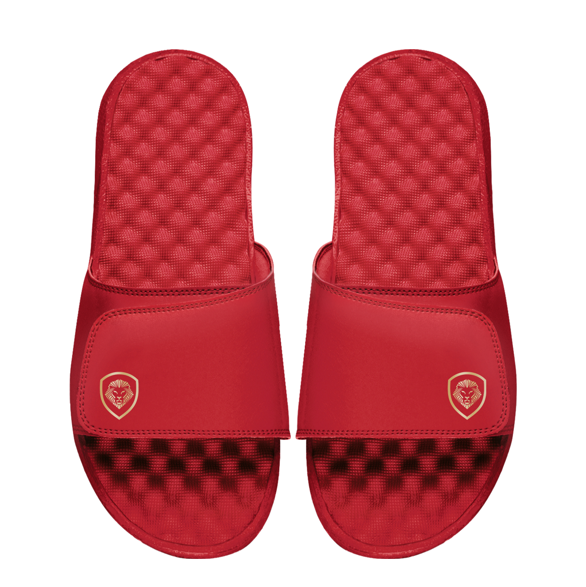 Future Looks Bright Sleek Lion Shield Red and Gold Comfort Slides