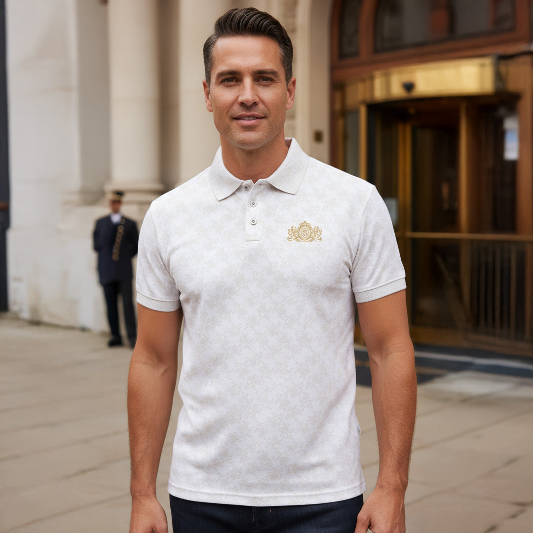 Future Looks Bright Royal Crest Allover Print Ivory and Gold Polo (Classic Fit)