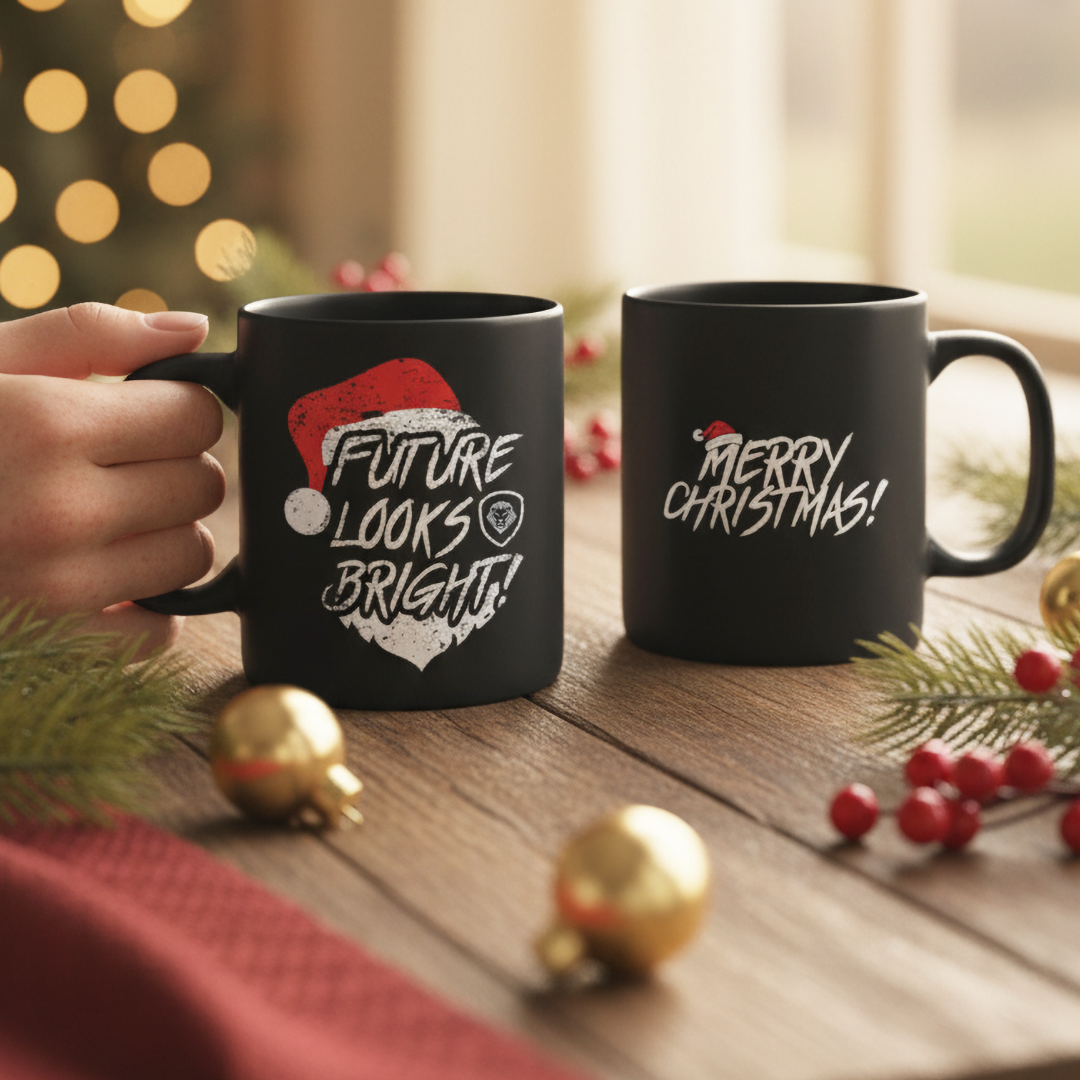 Future Looks Bright Christmas Santa Hat Black Mug