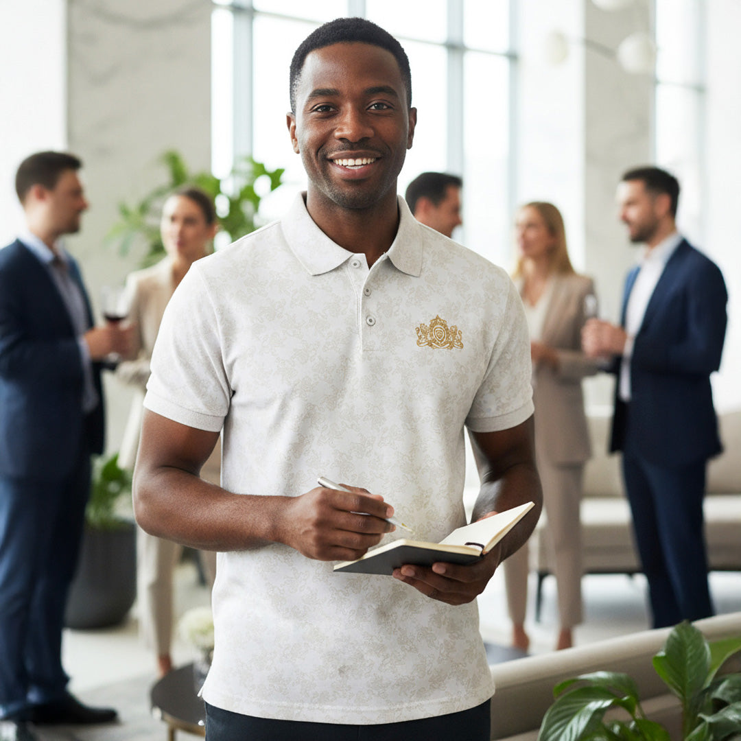 Future Looks Bright Royal Crest Allover Print Ivory and Gold Polo (Classic Fit)